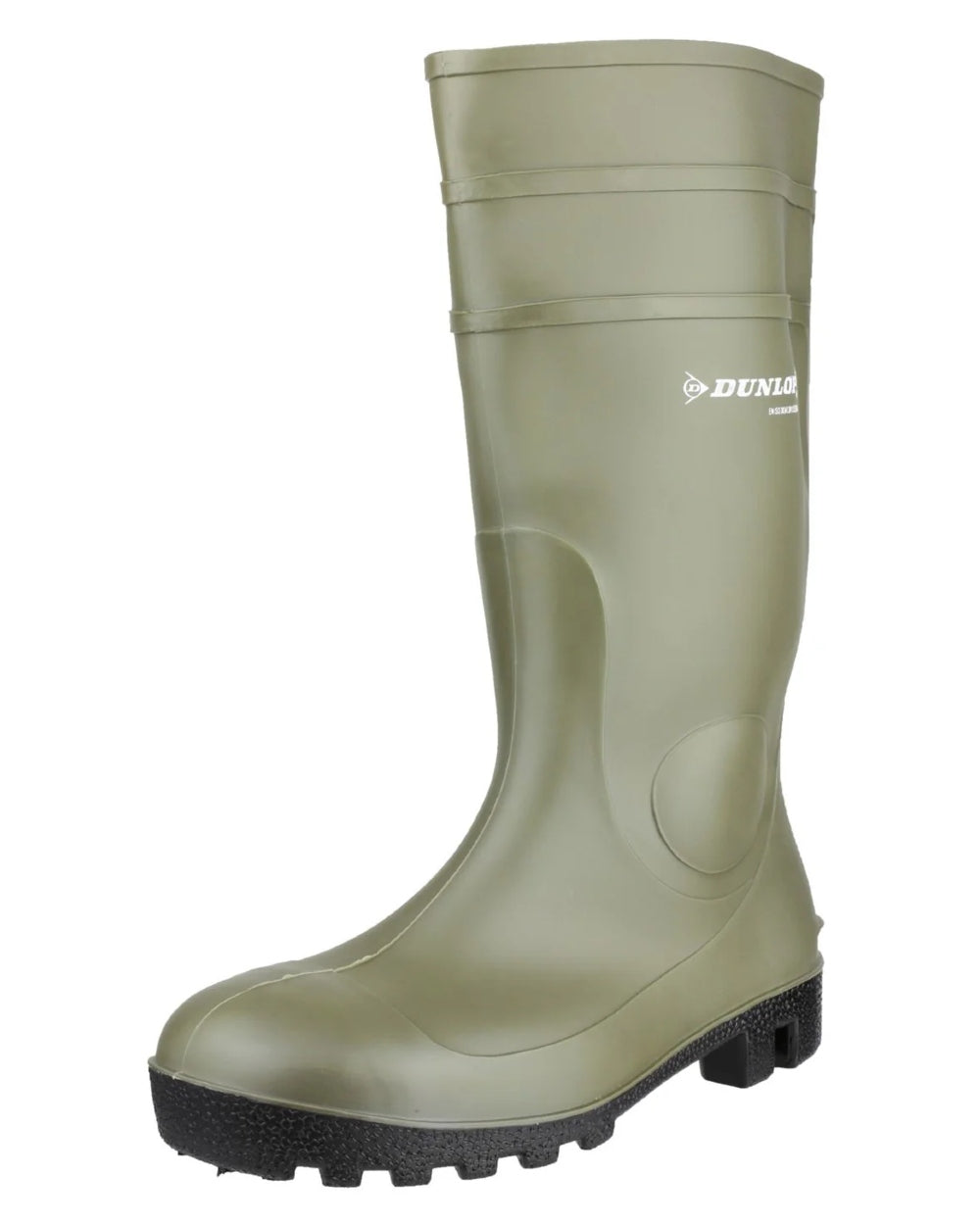 Green coloured Dunlop Protomastor Safety Wellingtons on white background 