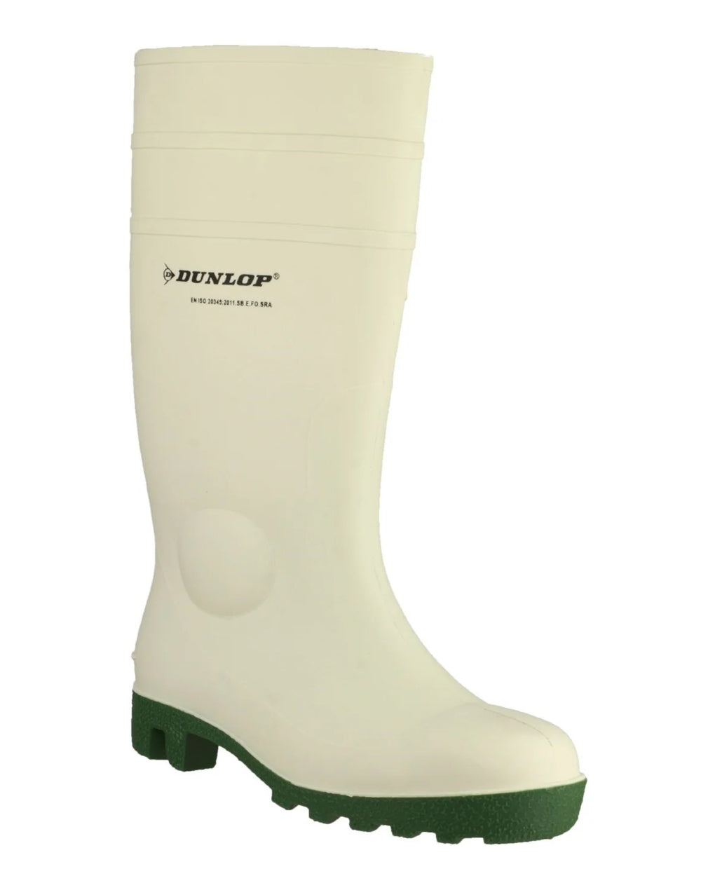 White coloured Dunlop Protomastor Safety Wellingtons on white background 