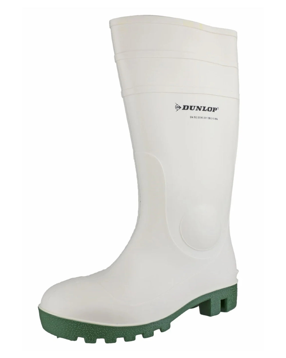 White coloured Dunlop Protomastor Safety Wellingtons on white background 