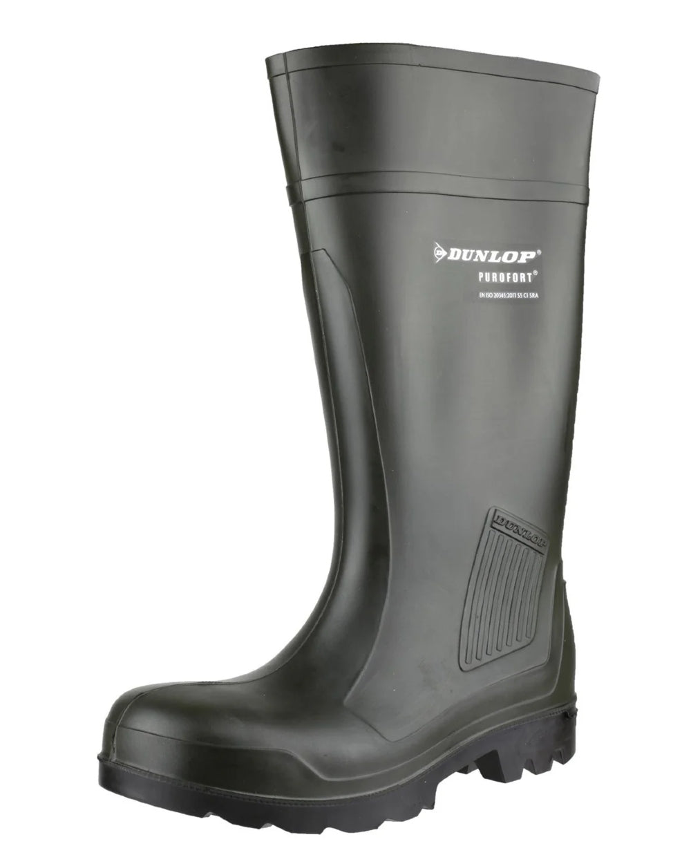 Green coloured Dunlop Purofort Professional Full Safety Wellingtons on white background 