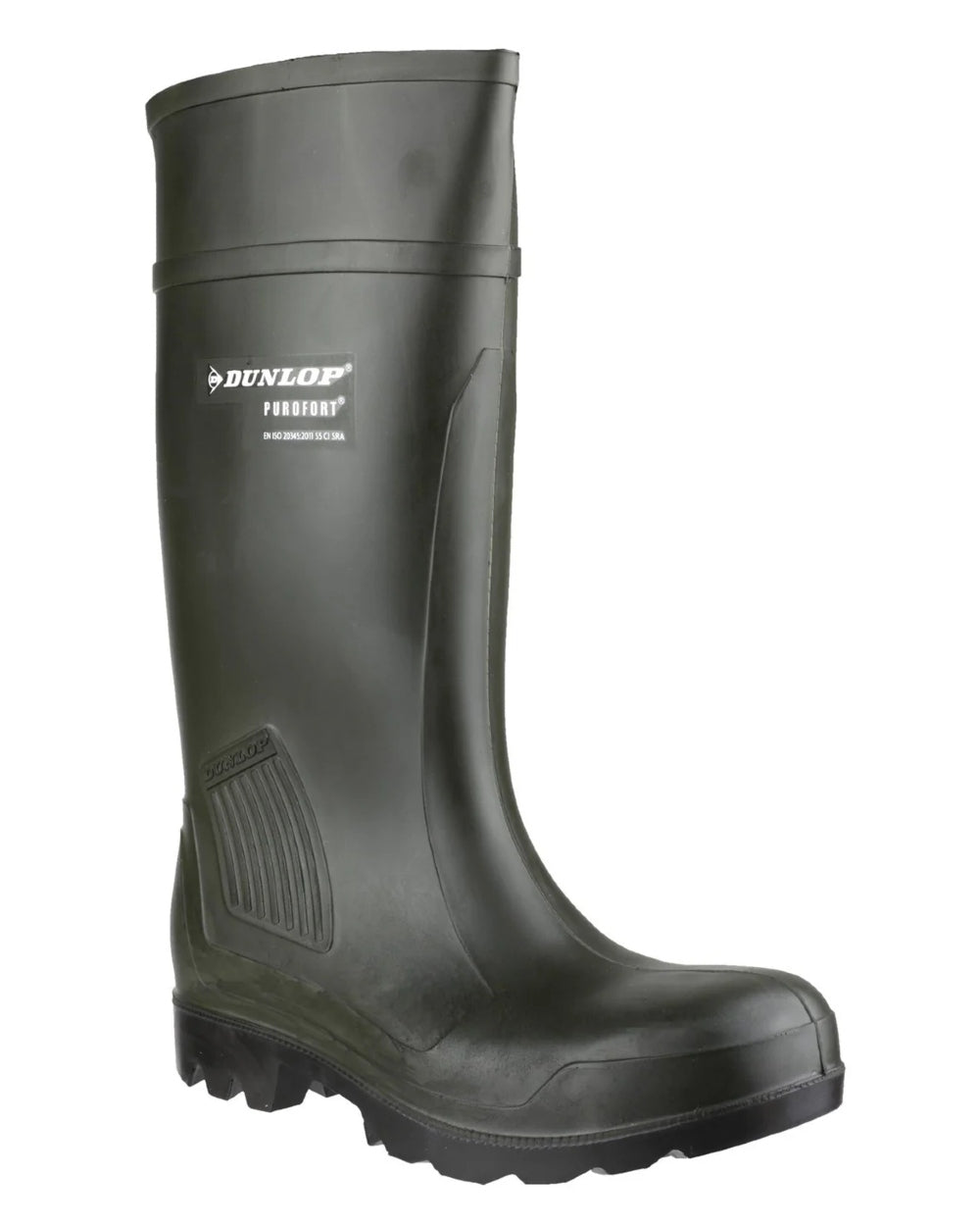 Green coloured Dunlop Purofort Professional Full Safety Wellingtons on white background 