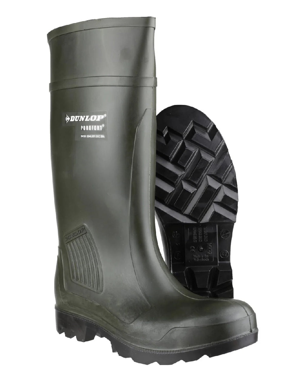 Green coloured Dunlop Purofort Professional Full Safety Wellingtons on white background 