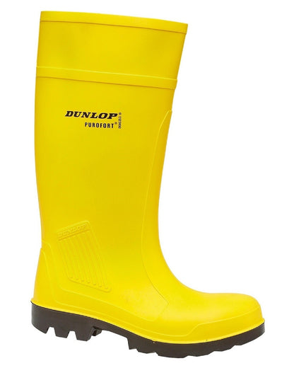 Yellow coloured Dunlop Purofort Professional Full Safety Wellingtons on white background 