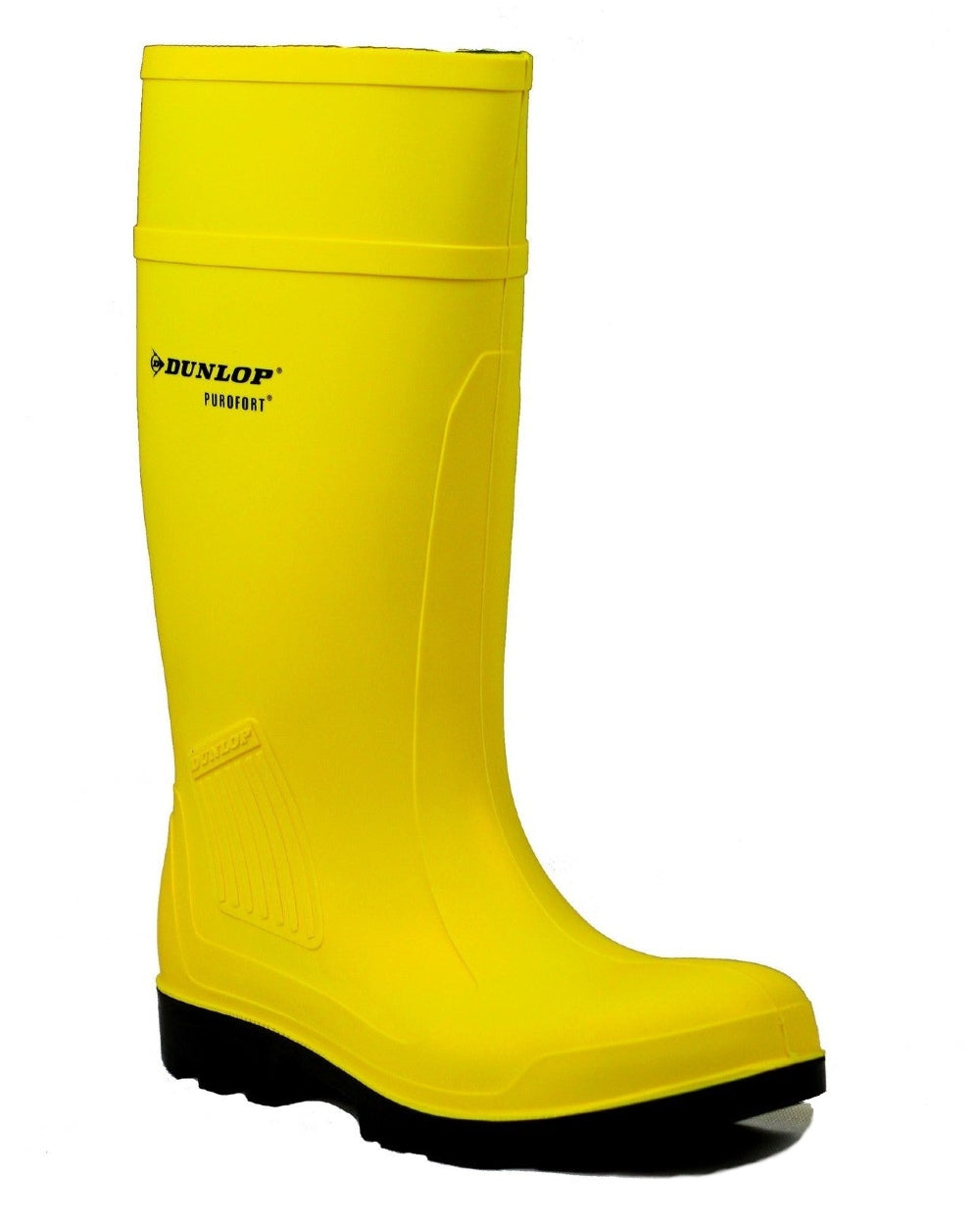 Yellow coloured Dunlop Purofort Professional Full Safety Wellingtons on white background 