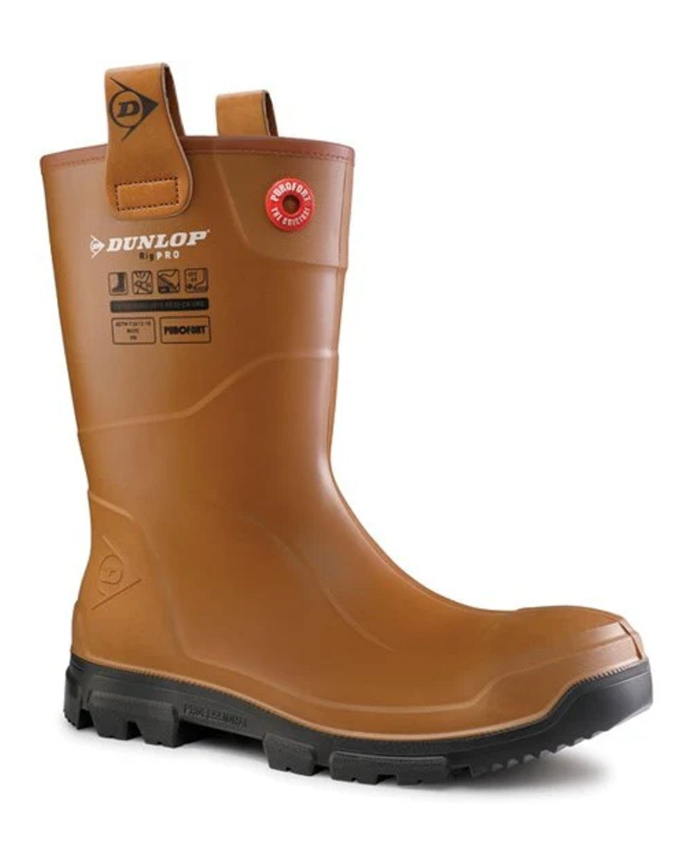Brown/Black coloured Dunlop Purofort RigPRO Full Safety Fur Lining Wellingtons on white background 