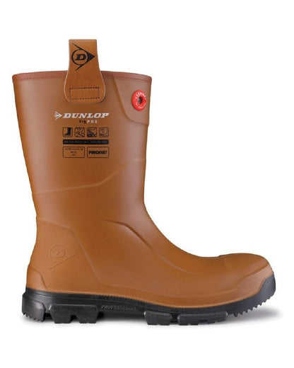 Brown/Black coloured Dunlop Purofort RigPRO Full Safety Wellingtons on white background 