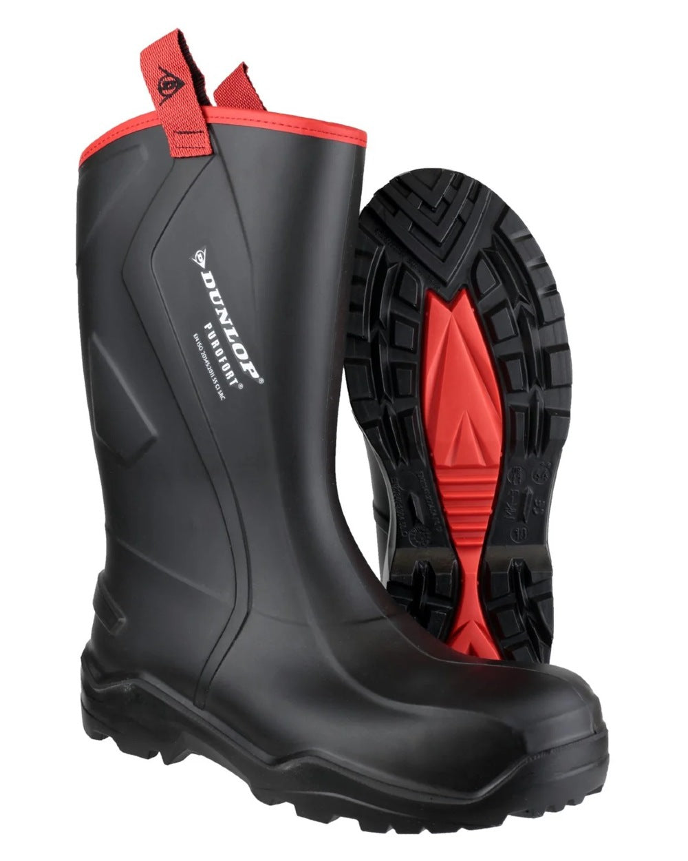 Black coloured Dunlop Purofort+ Rugged Full Safety Wellingtons on white background 