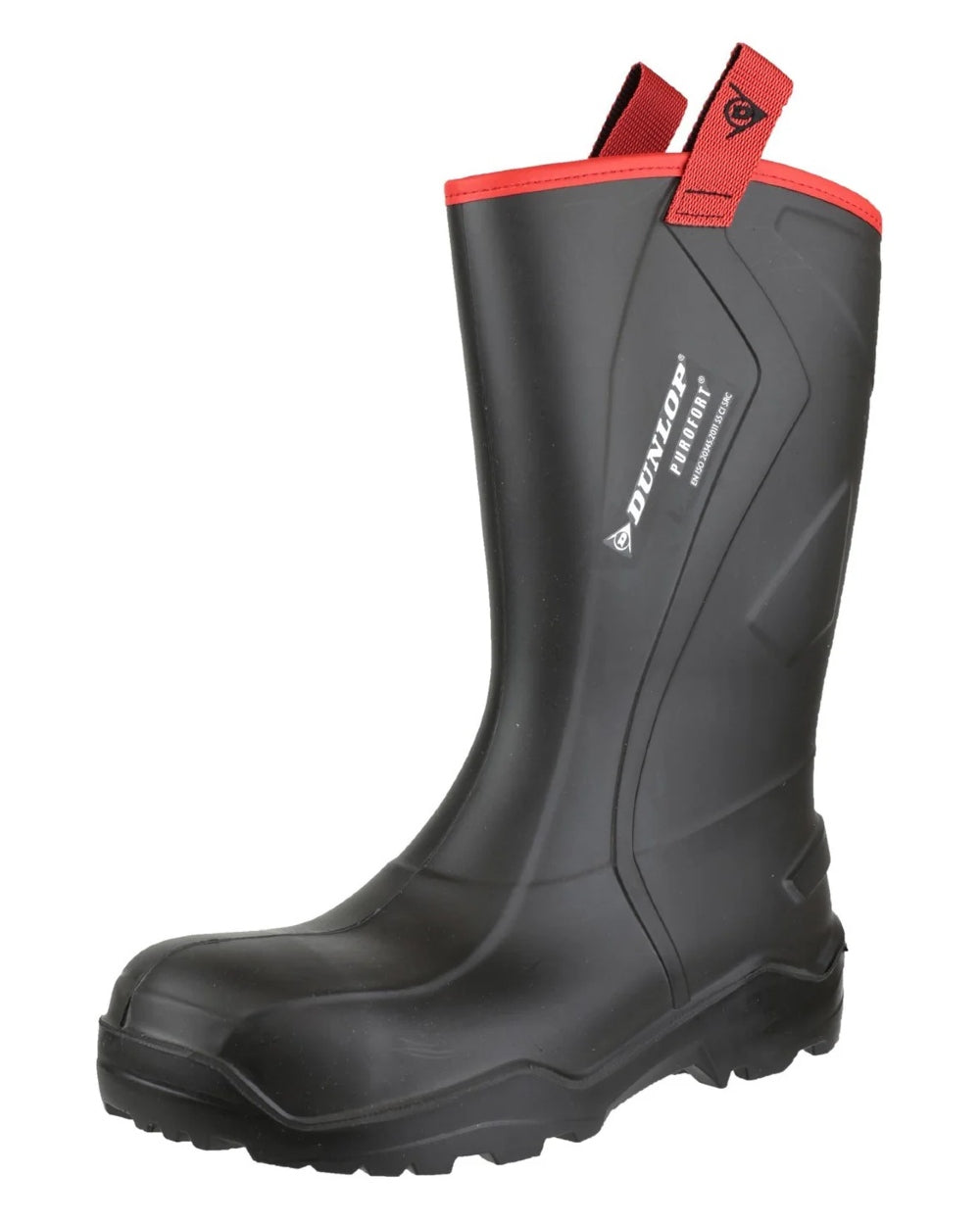 Black coloured Dunlop Purofort+ Rugged Full Safety Wellingtons on white background 