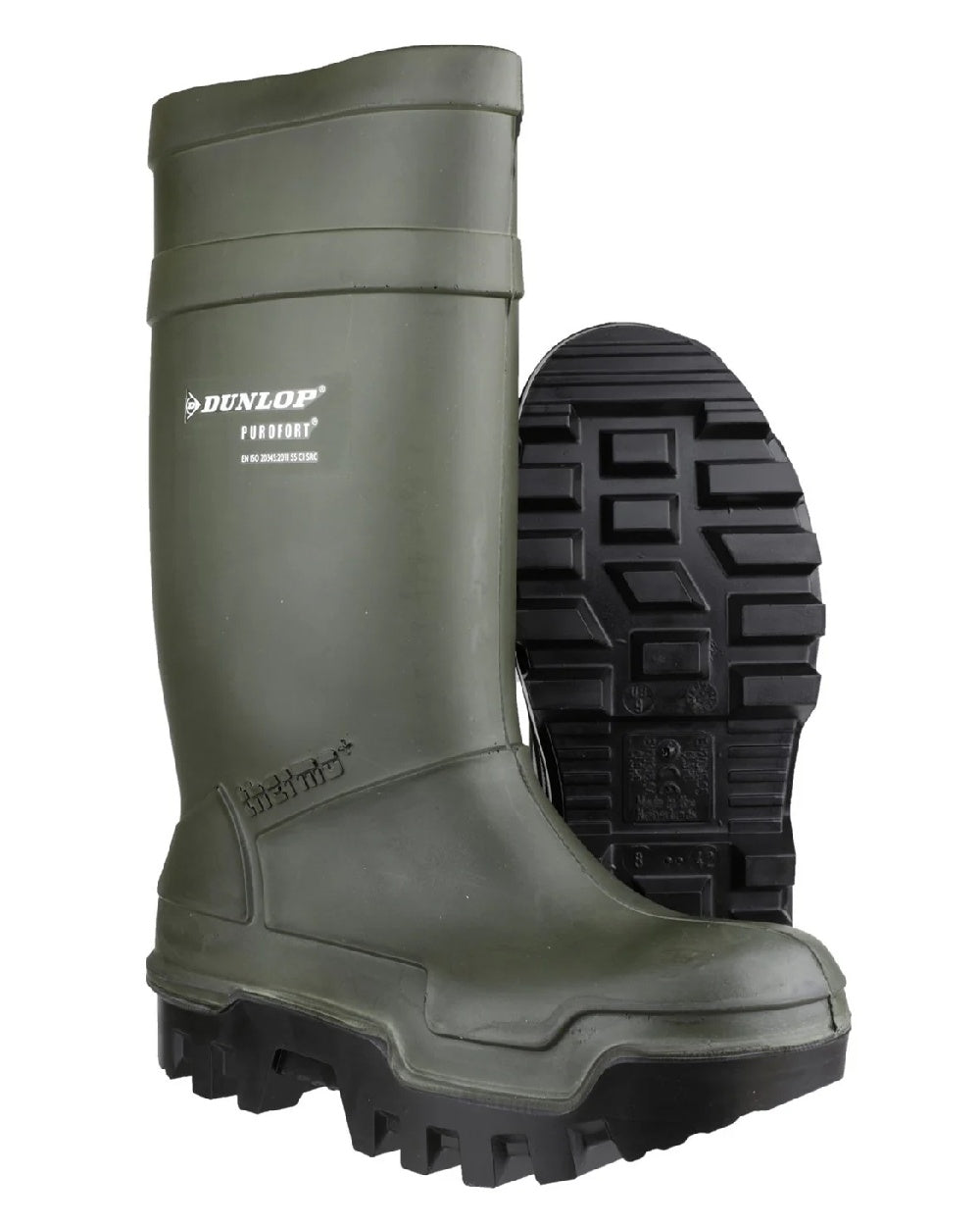 Green coloured Dunlop Purofort Thermo+ Full Safety Wellington on white background 