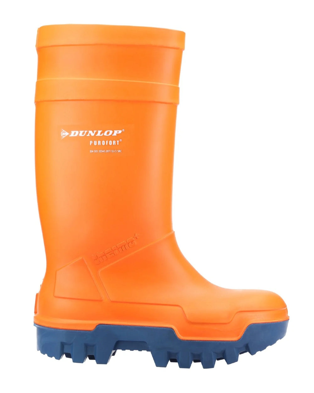 Orange coloured Dunlop Purofort Thermo+ Full Safety Wellington on white background 