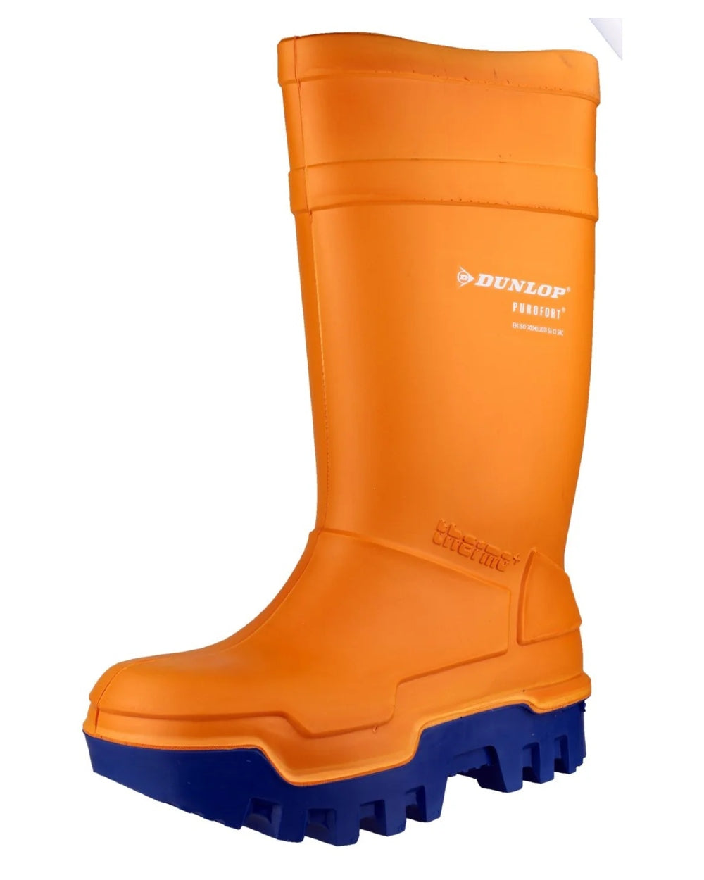 Orange coloured Dunlop Purofort Thermo+ Full Safety Wellington on white background 