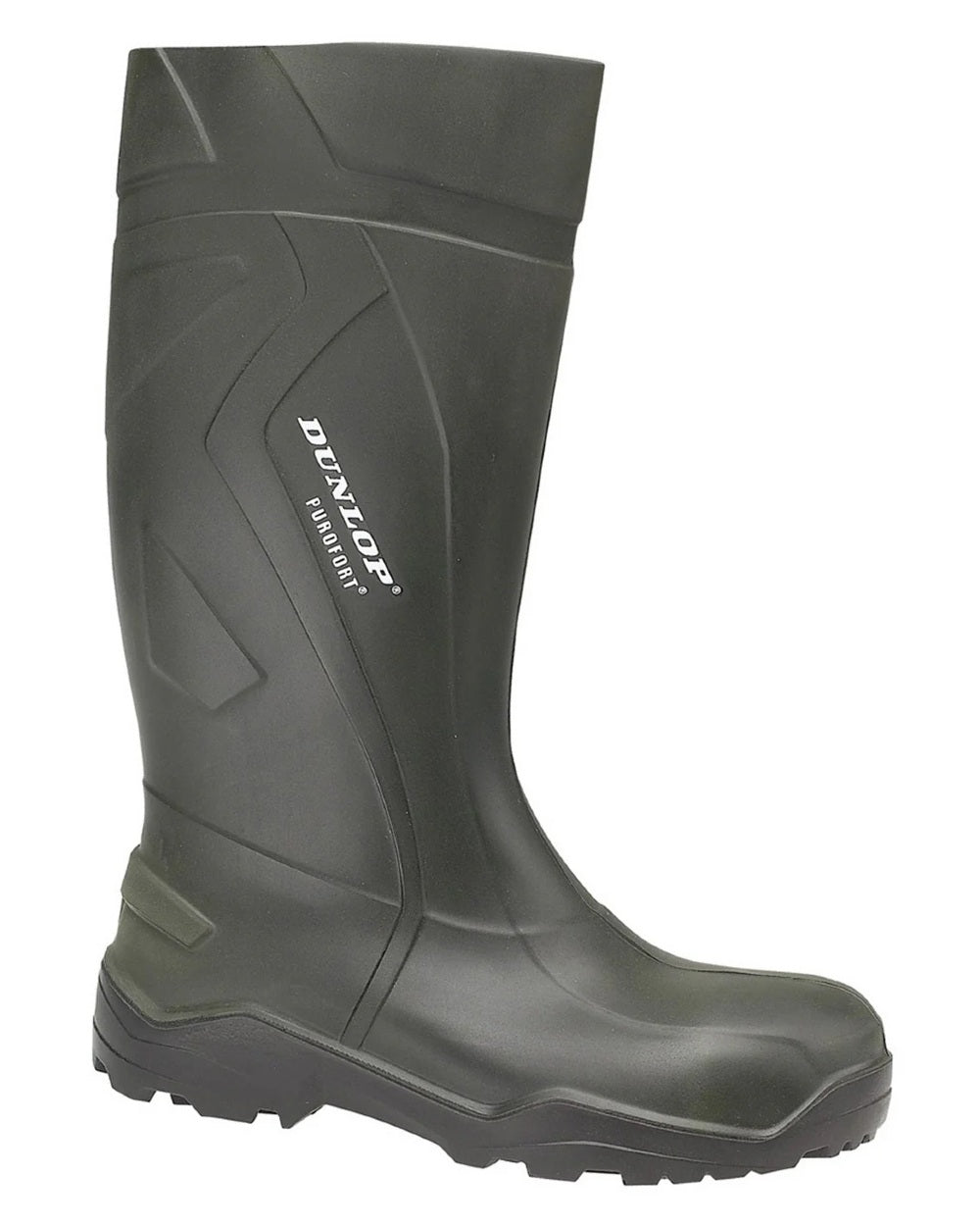 Green coloured Dunlop Purofort+ Wellingtons on white background 