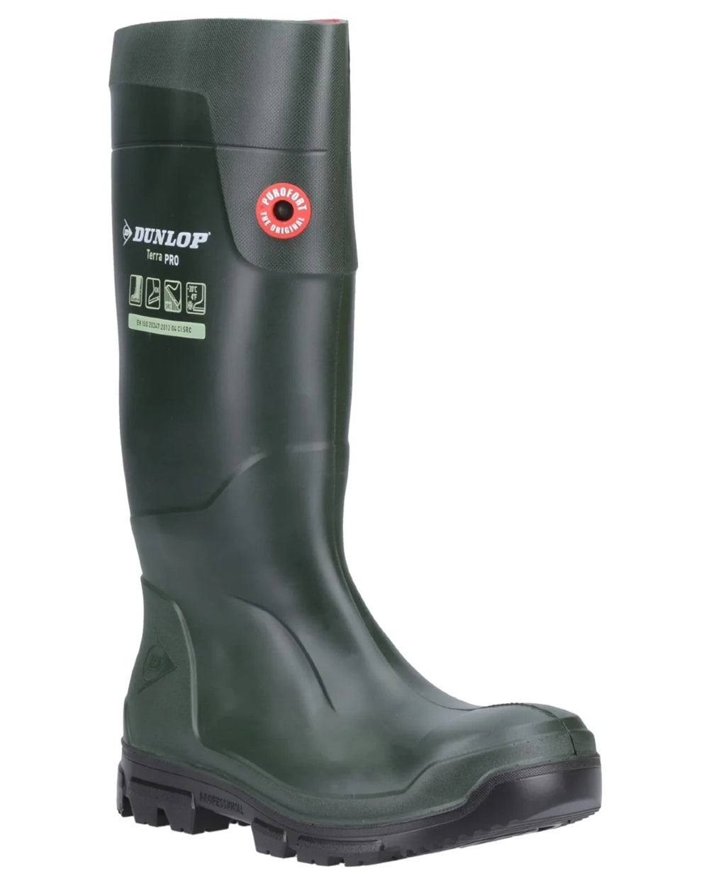 Green coloured Dunlop TerraPro Full Safety Wellingtons on white background 