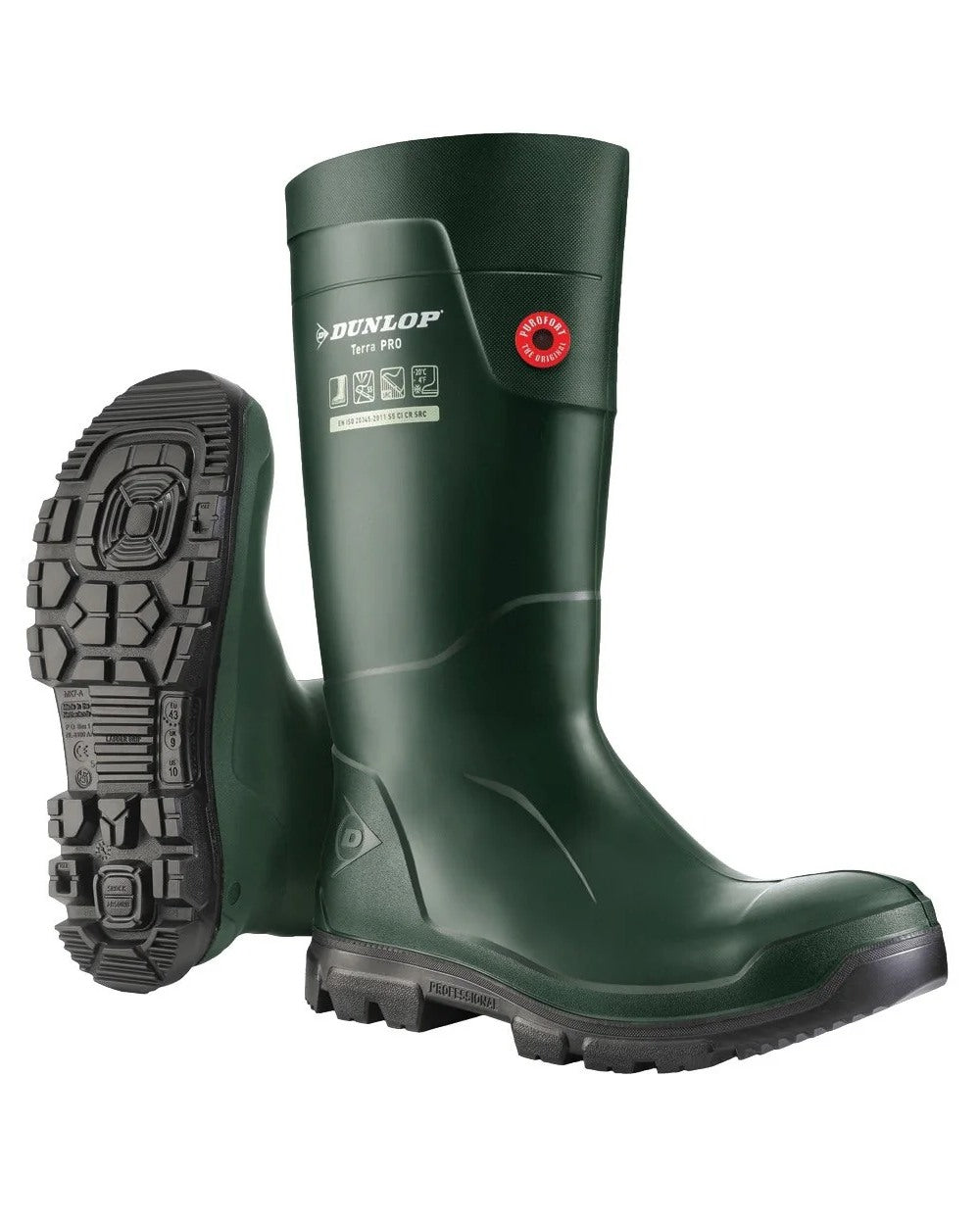 Green coloured Dunlop TerraPro Full Safety Wellingtons on white background 