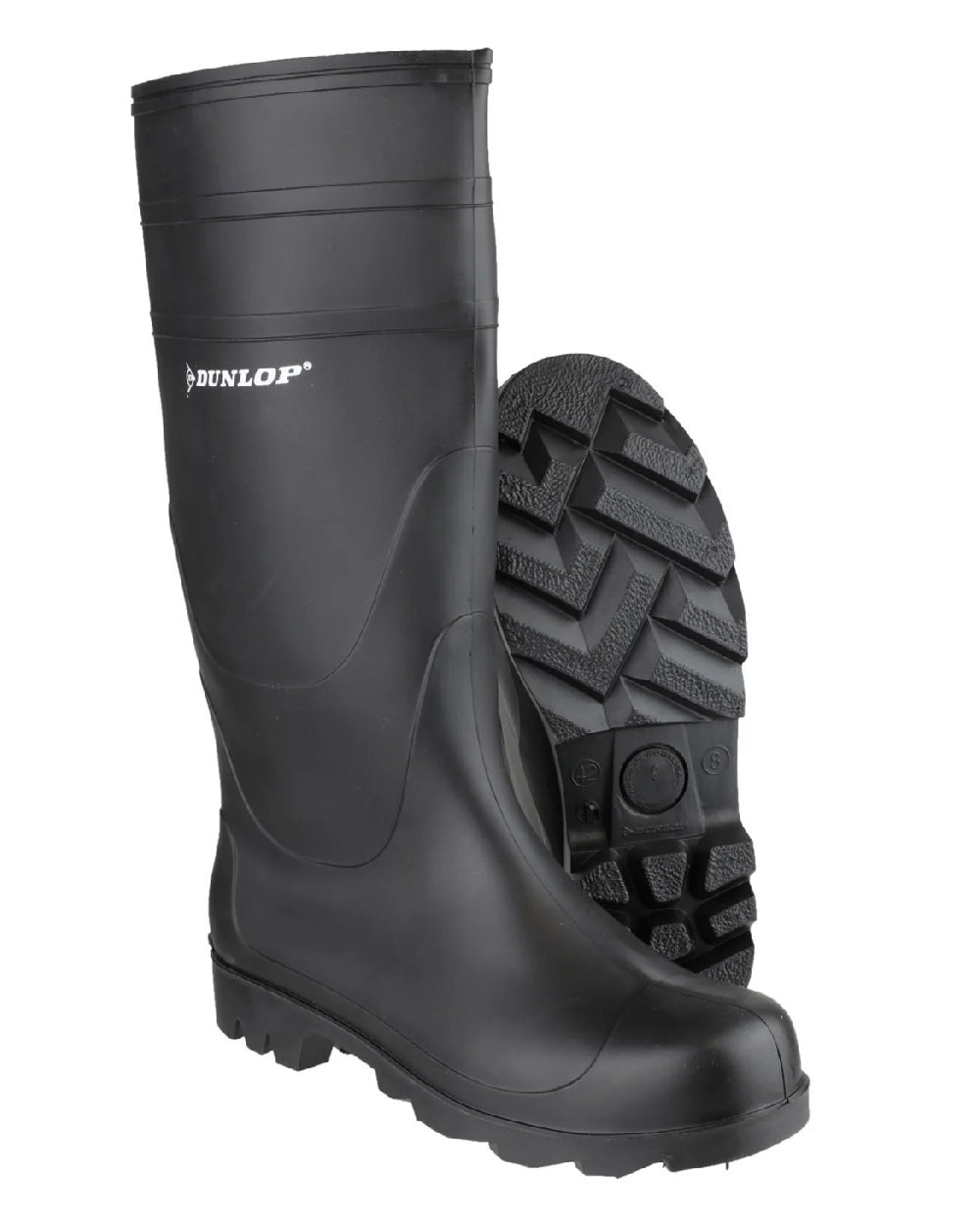 Black coloured Dunlop Universal Wellingtons on white background 