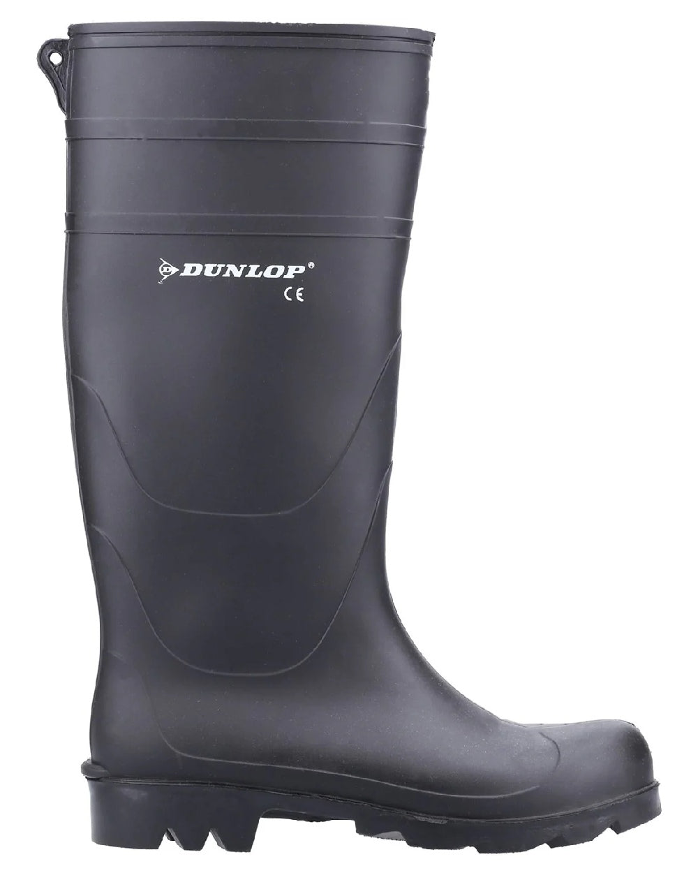 Black coloured Dunlop Universal Wellingtons on white background 