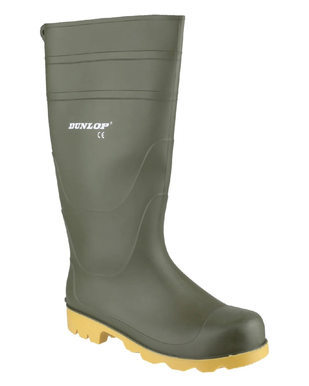 Green coloured Dunlop Universal Wellingtons on white background 