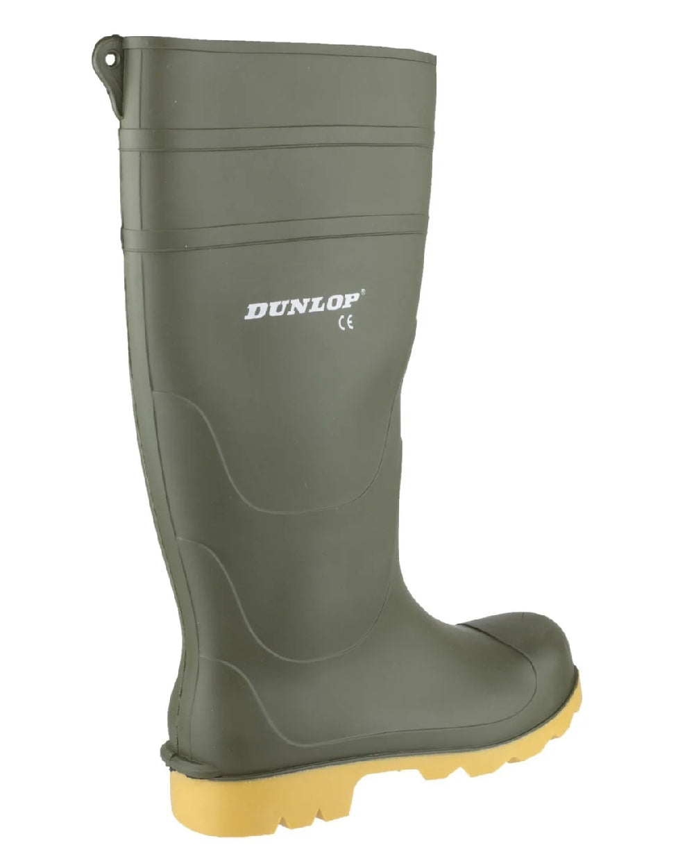 Green coloured Dunlop Universal Wellingtons on white background 