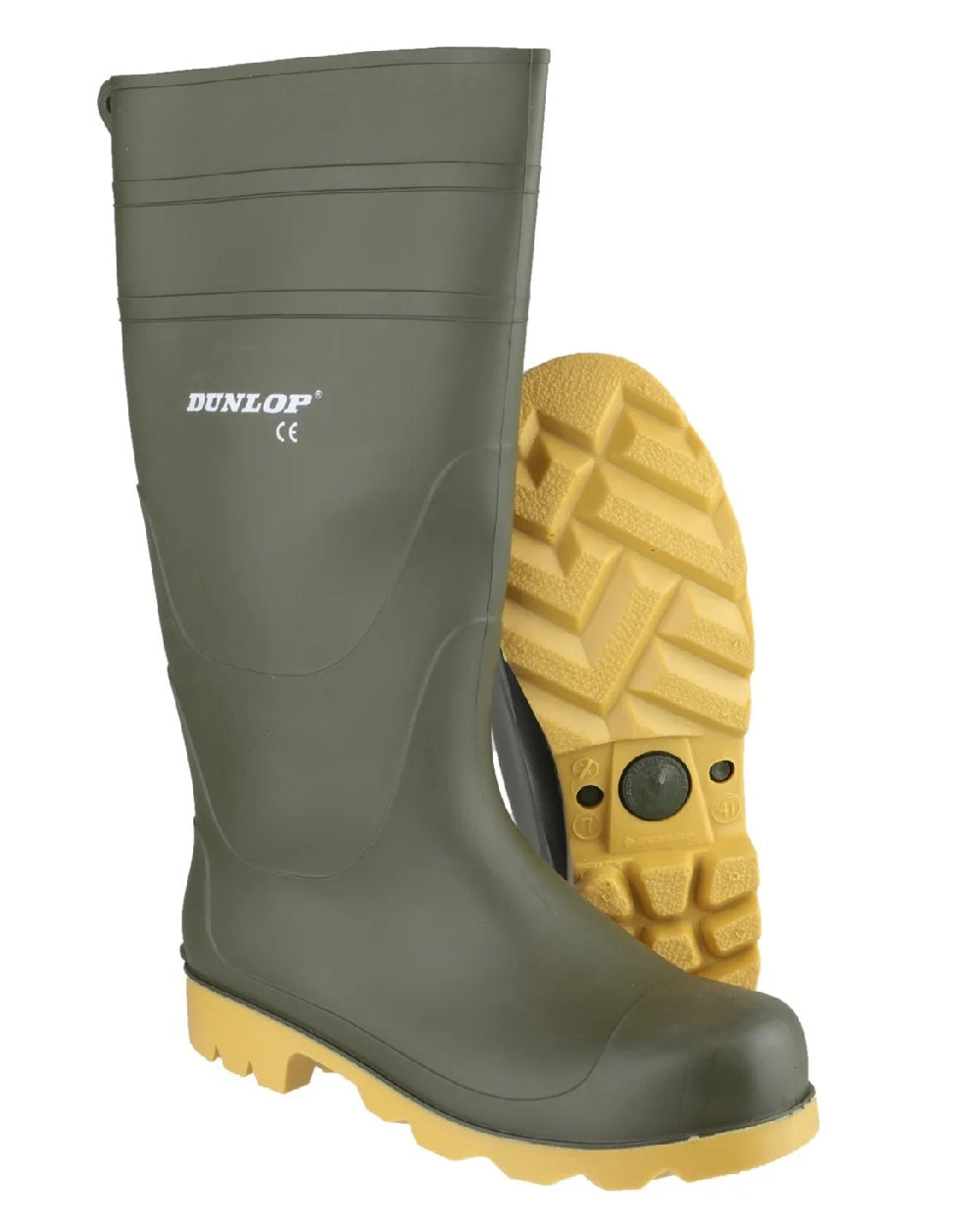 Green coloured Dunlop Universal Wellingtons on white background 