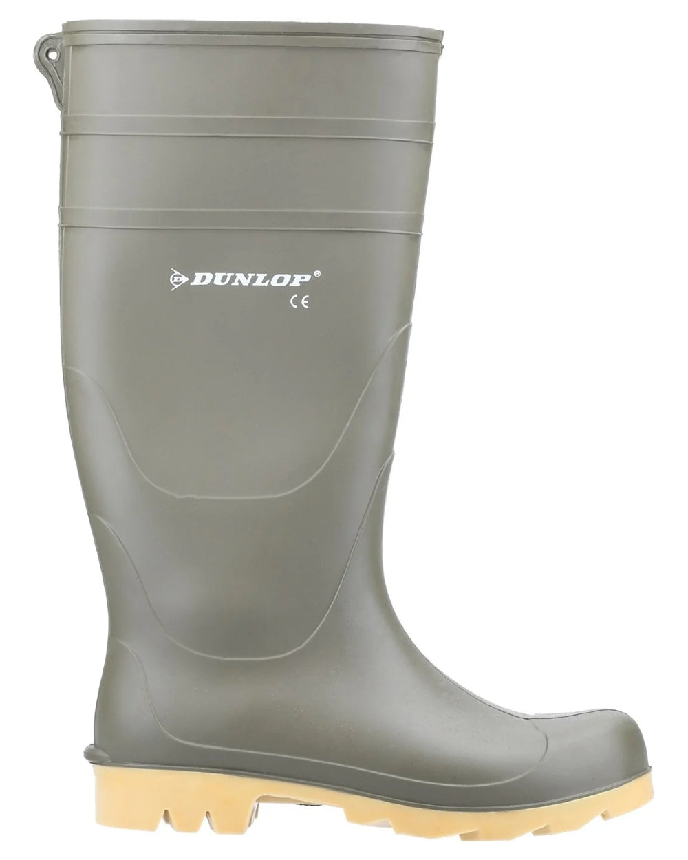 Green coloured Dunlop Universal Wellingtons on white background 