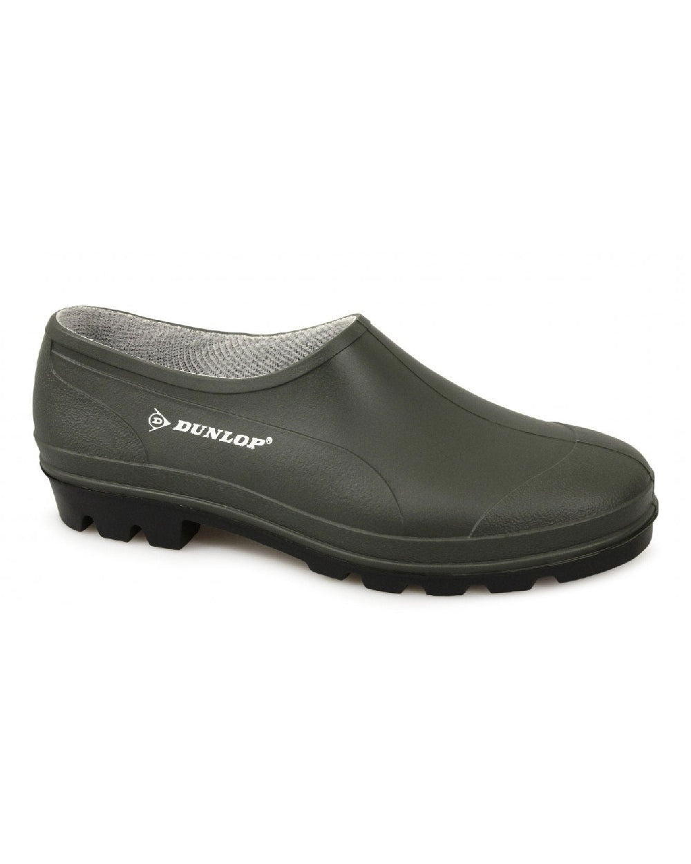 Green coloured Dunlop Waterproof Garden Wet Grass Shoe on white background 