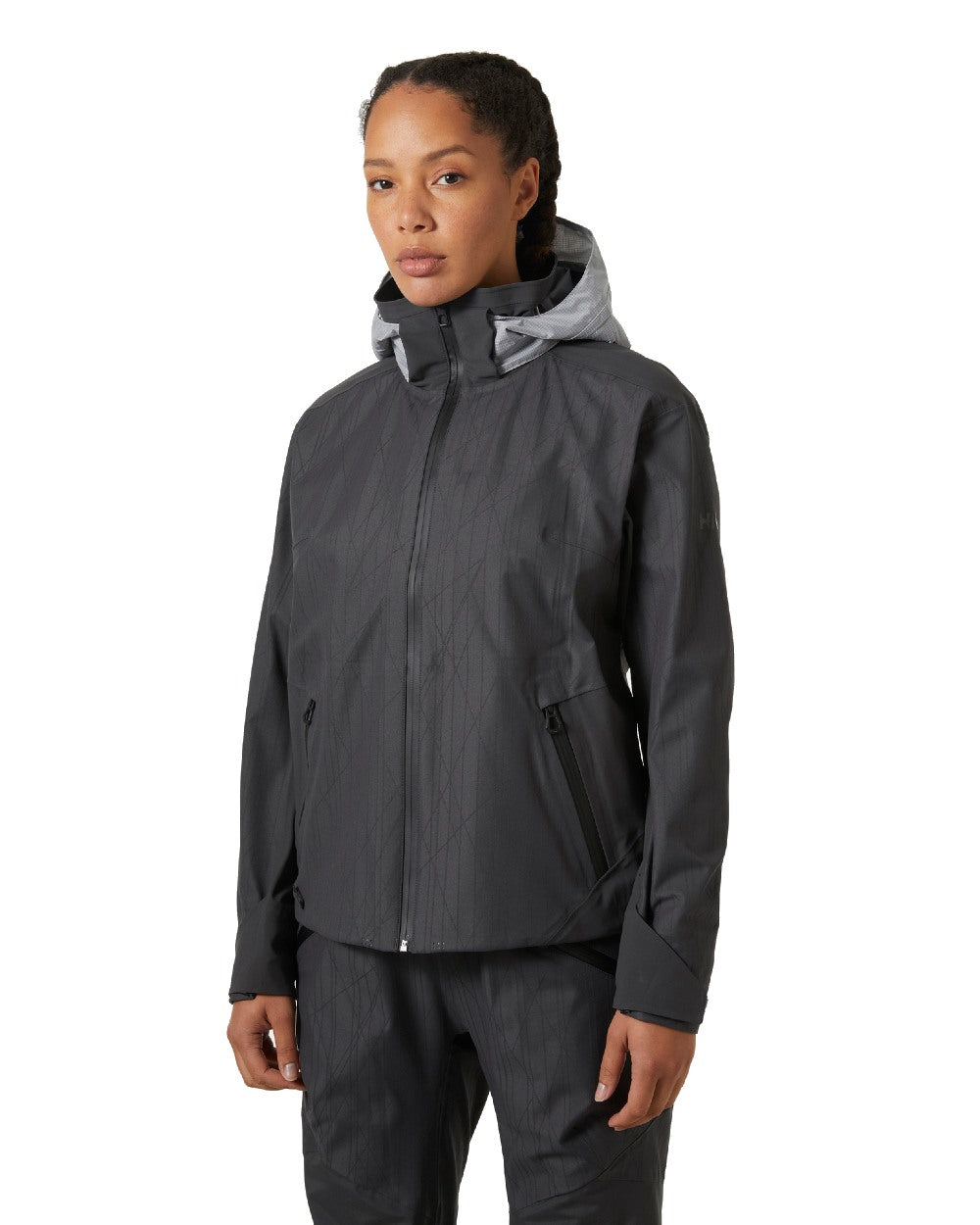 Ebony Coloured Helly Hansen Womens Foil X Jacket on white background 