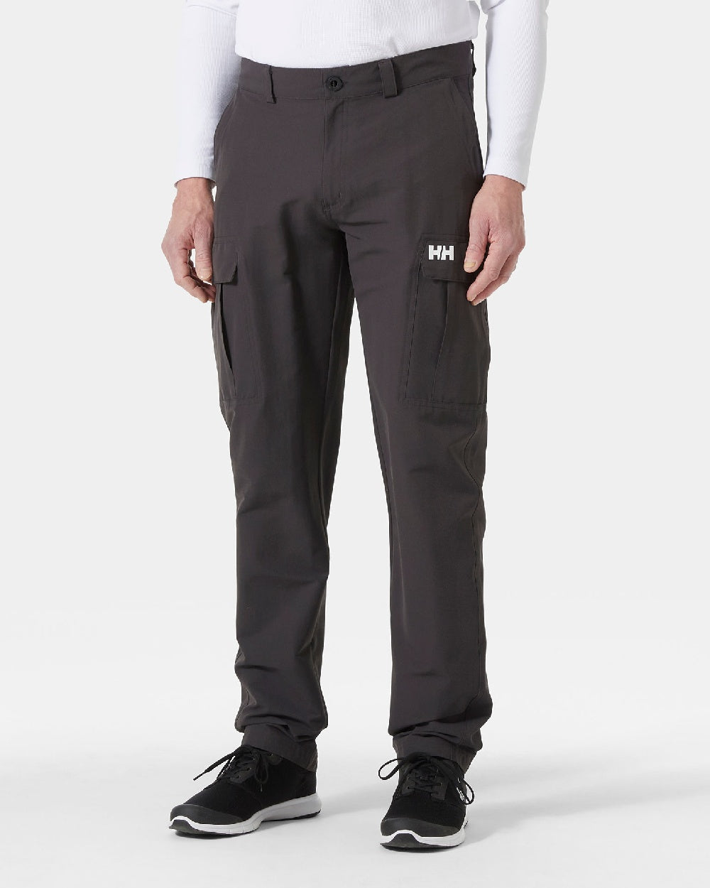 Ebony coloured Helly Hansen Mens HH quick dry cargo pant on grey background 