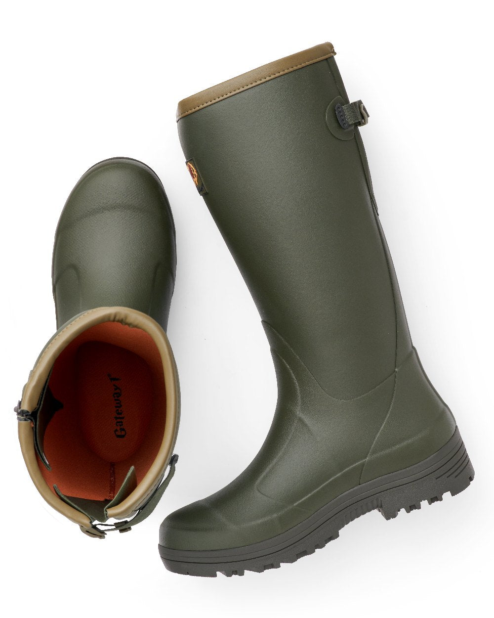 Dark Olive coloured Gateway1 Pheasant Game Lady 17&quot; 5mm side-zip Wellingtons on white background 