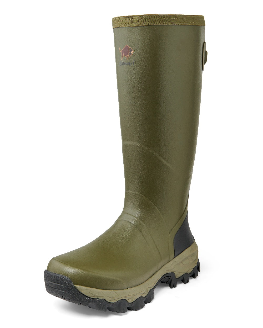 Olive coloured Gateway1 Woodstalker 18&quot; Wellingtons on white background 