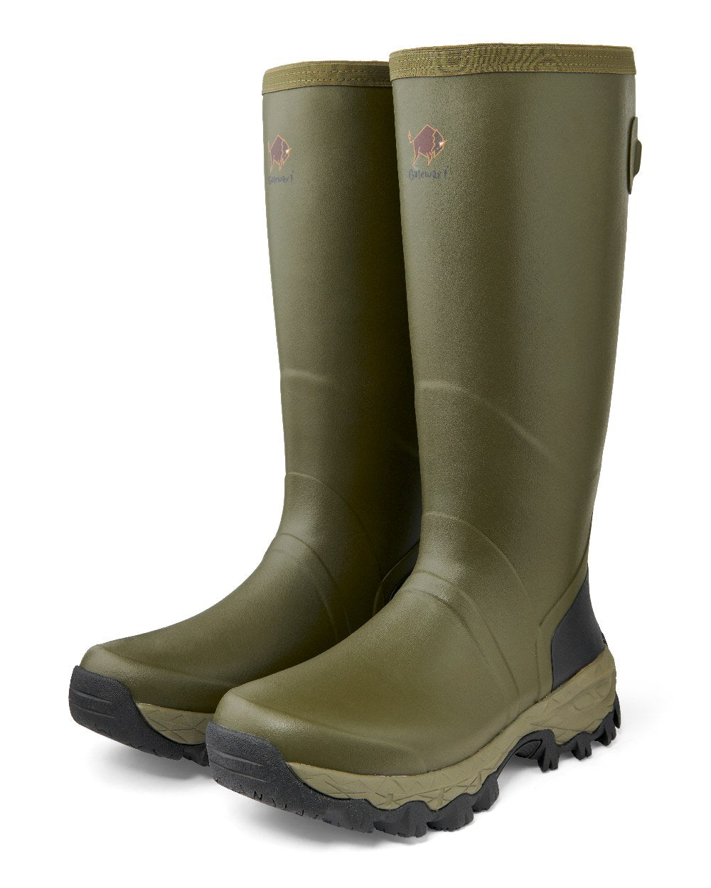 Olive coloured Gateway1 Woodstalker 18&quot; Wellingtons on white background 