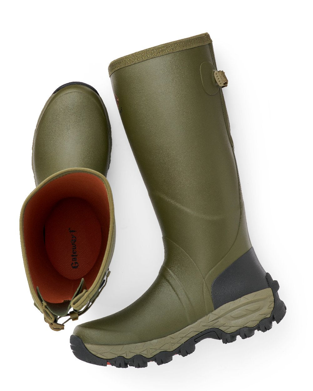 Olive coloured Gateway1 Woodstalker 18&quot; Wellingtons on white background 