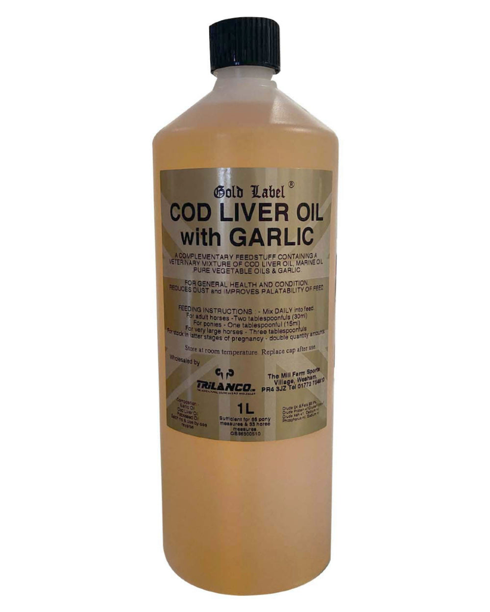Gold Label Cod Liver Oil With Garlic On A White Background