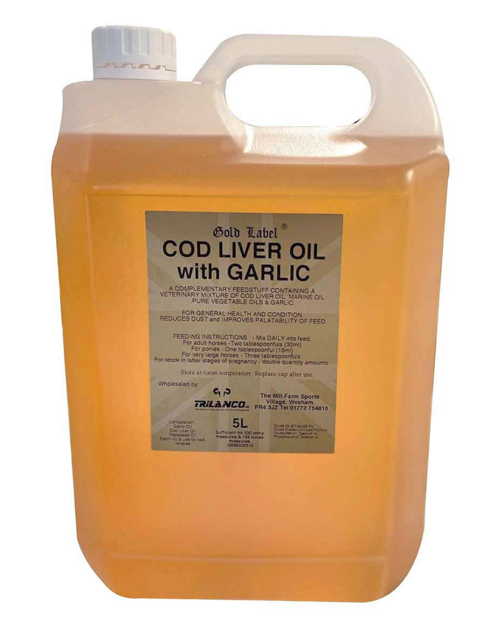 Gold Label Cod Liver Oil With Garlic On A White Background