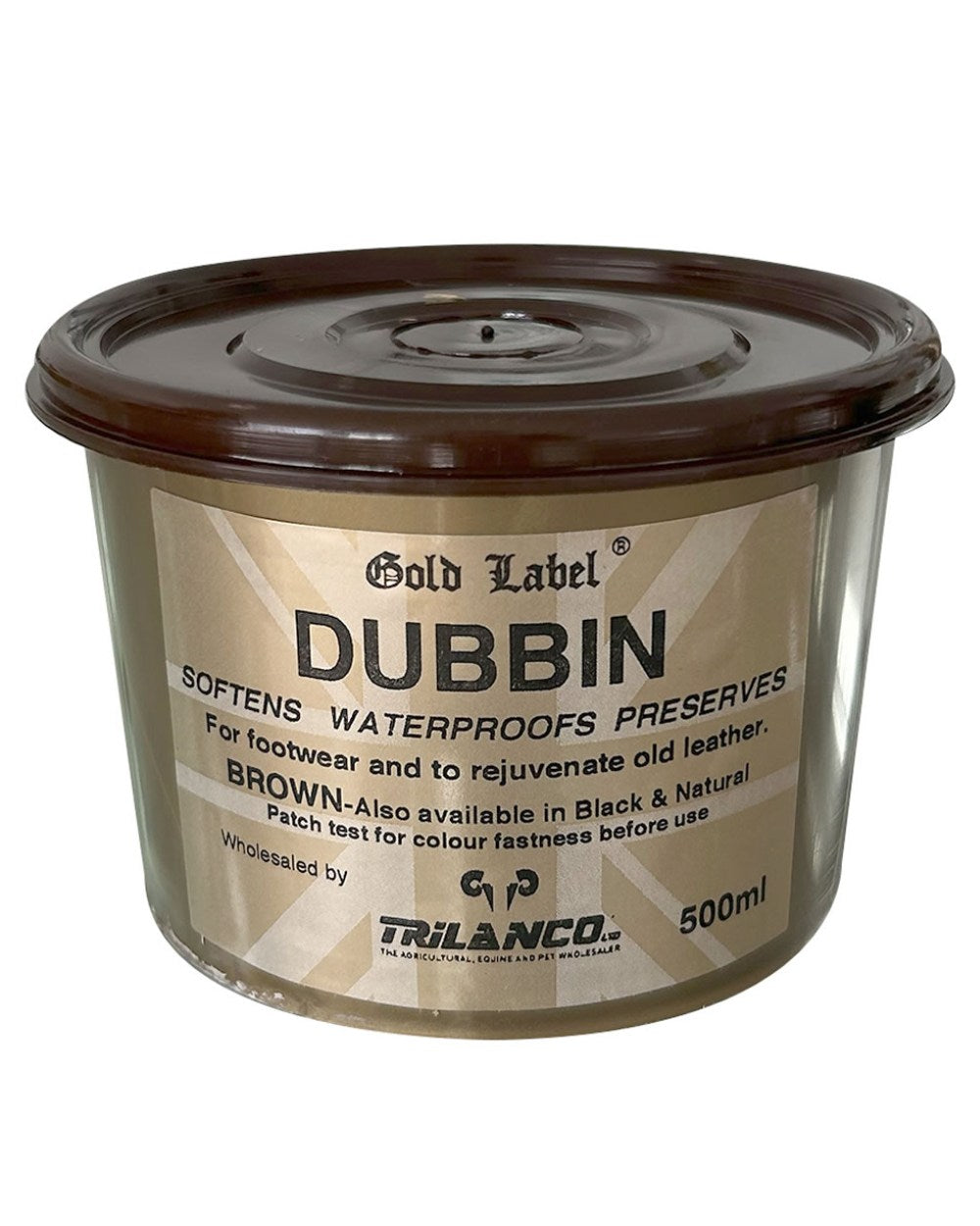 Brown Coloured Gold Label Dubbin On A White Background 