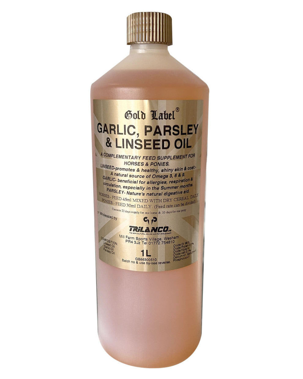 Gold Label Garlic, Parsley &amp; Linseed Oil On A White Background 