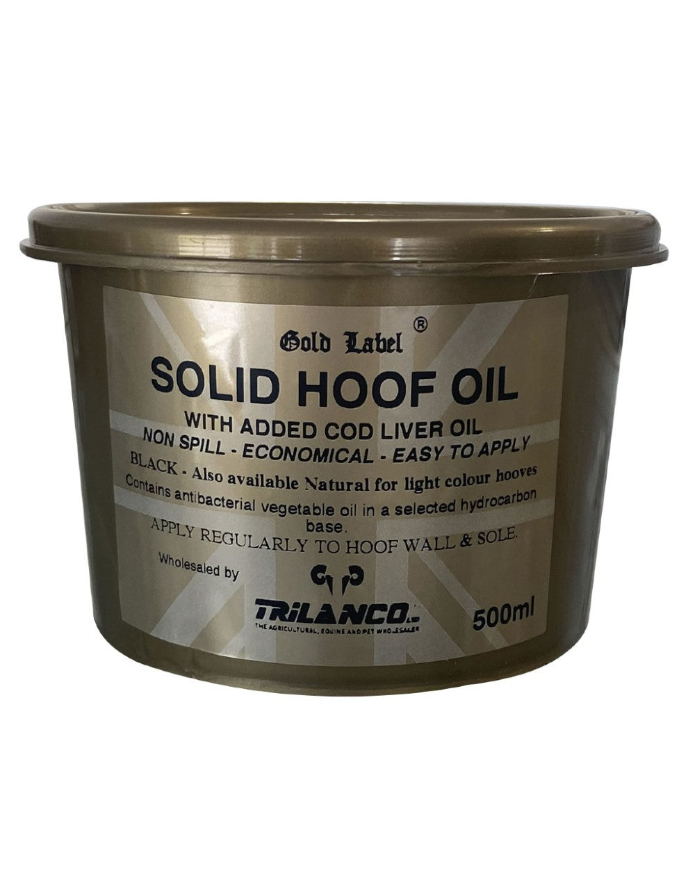 Black Coloured Gold Label Solid Hoof Oil On A White Background 