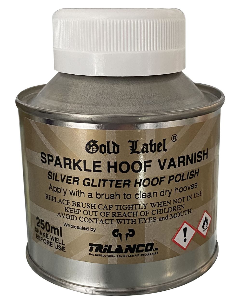 Silver Coloured Gold Label Sparkle Hoof Varnish On A White Background 