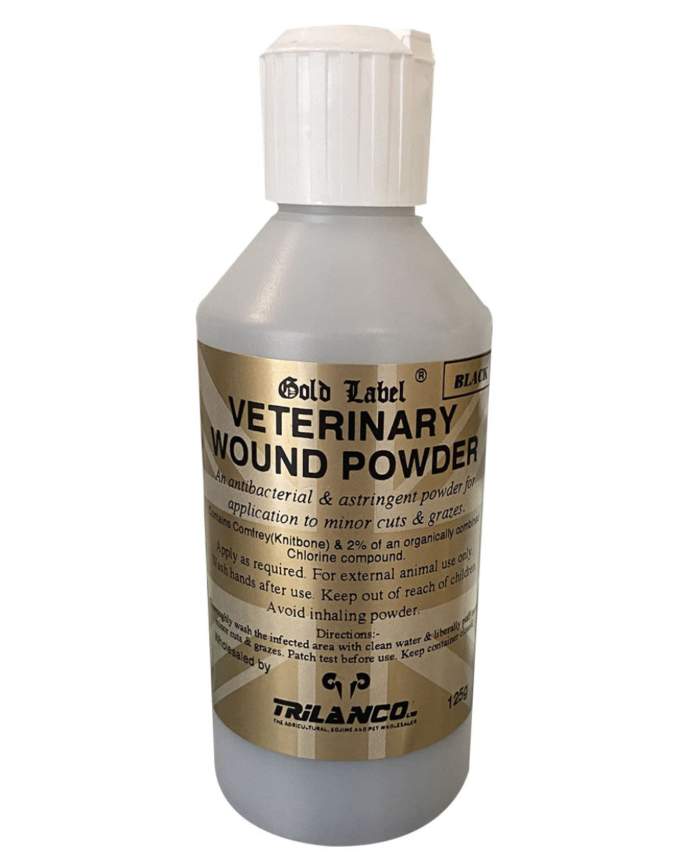 Black Coloured Gold Label Veterinary Wound Powder On A White Background 