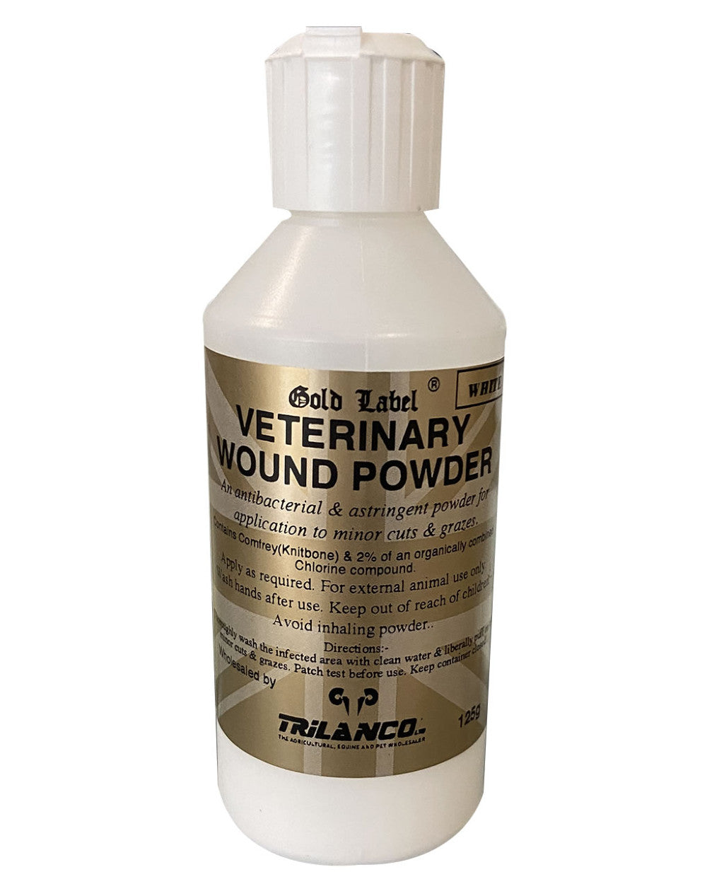 White Coloured Gold Label Veterinary Wound Powder On A White Background 