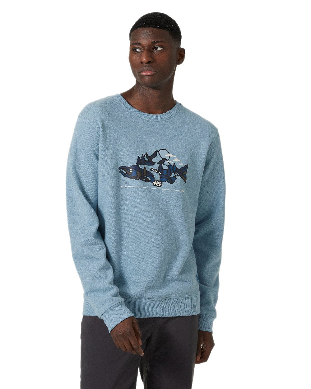 Blue Fog Melange Coloured Helly Hansen F2F Organic Cotton Sweater on White Background

