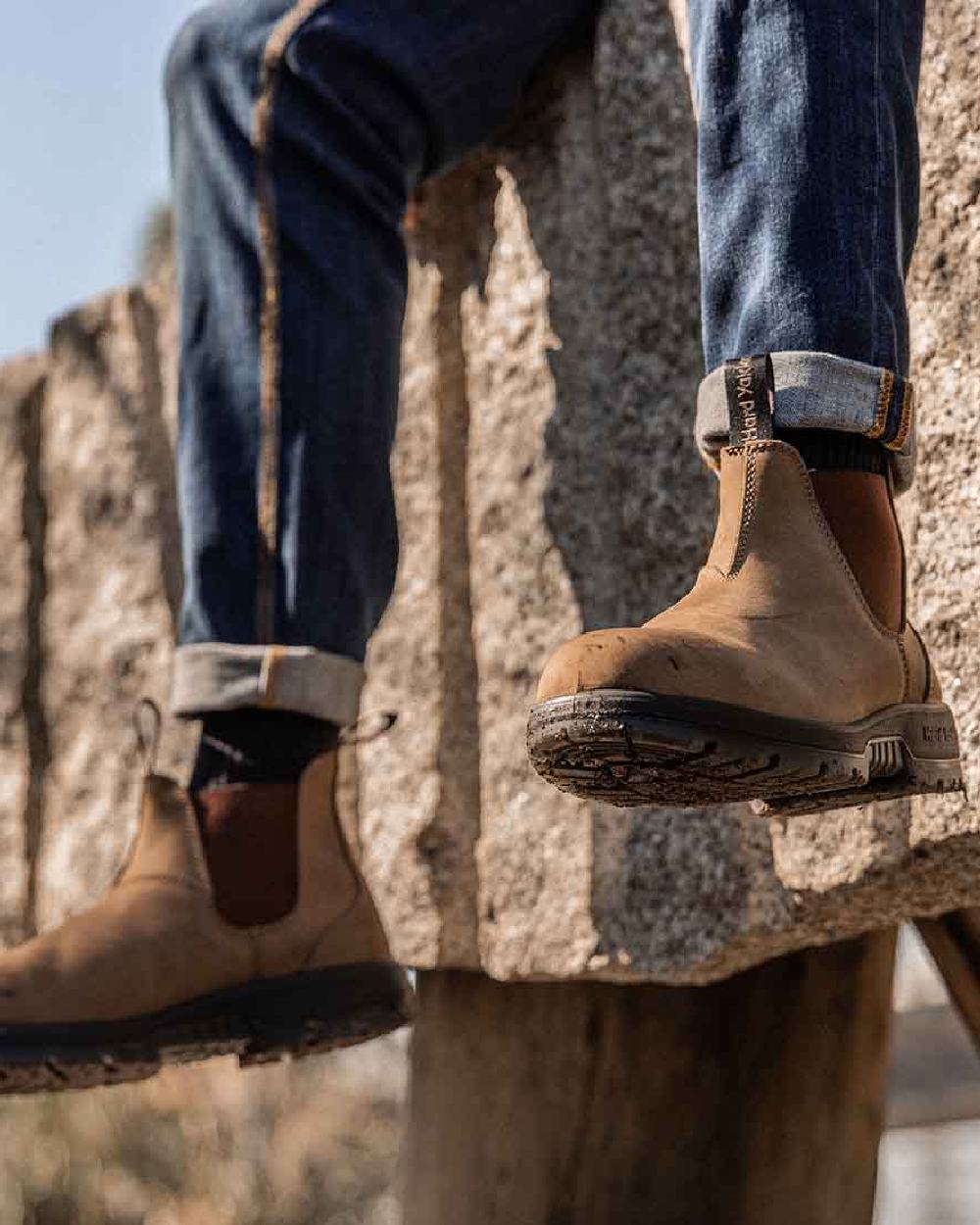 Crazyhorse Coloured Hard Yakka Brumby Non-Safety Dealer Boots on Outdoor Background
