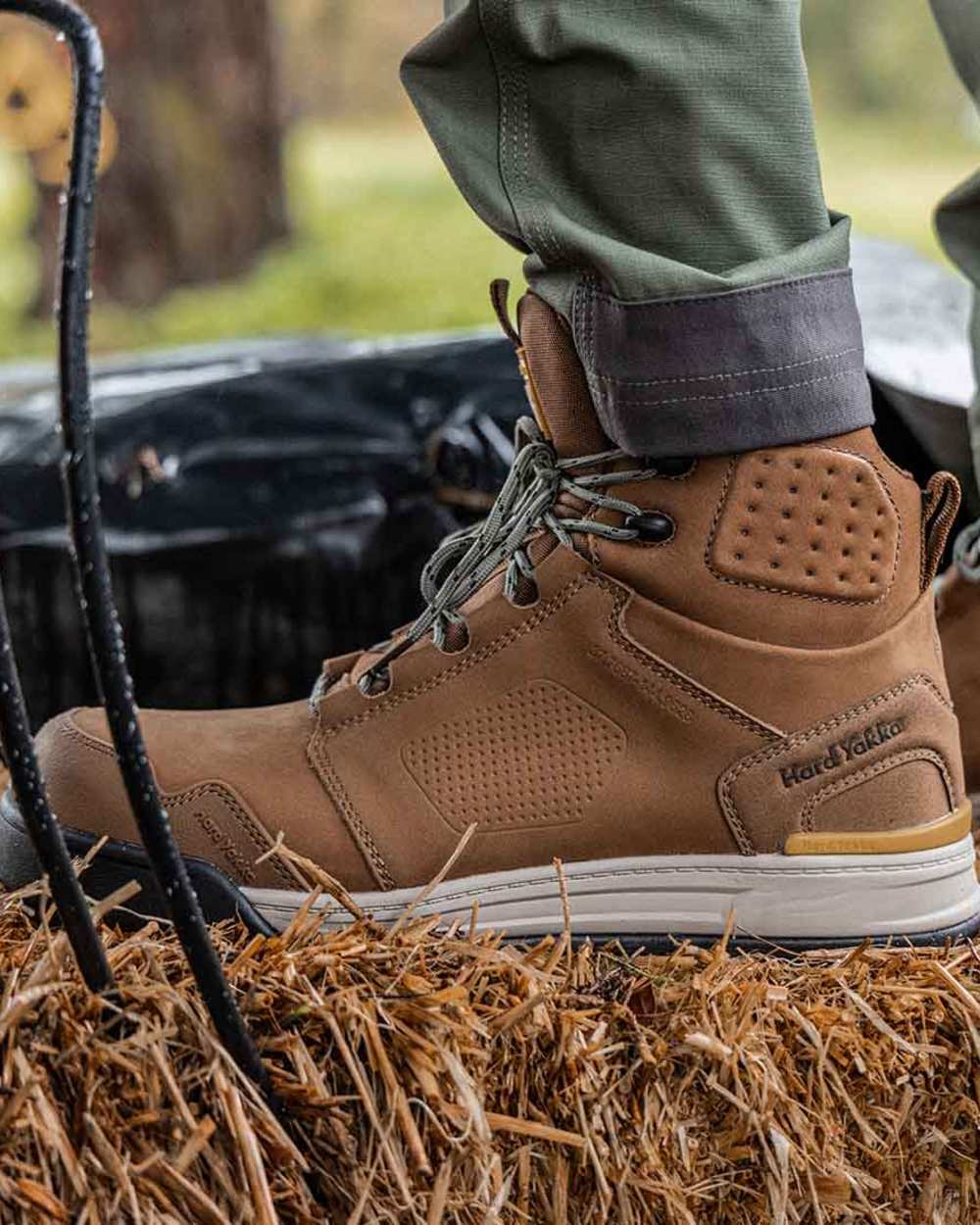 Tobacco Coloured Hard Yakka Mens 3056 S7S 6 Safety Boots on Outdoor Background
