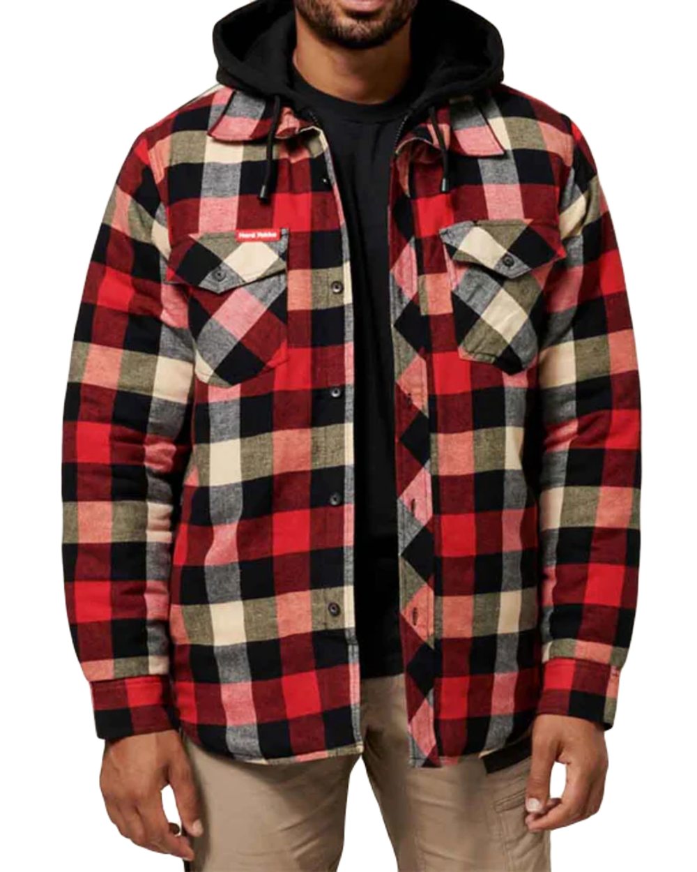 Red Coloured Hard Yakka Mens Quilted Flannel Shacket on White Background
