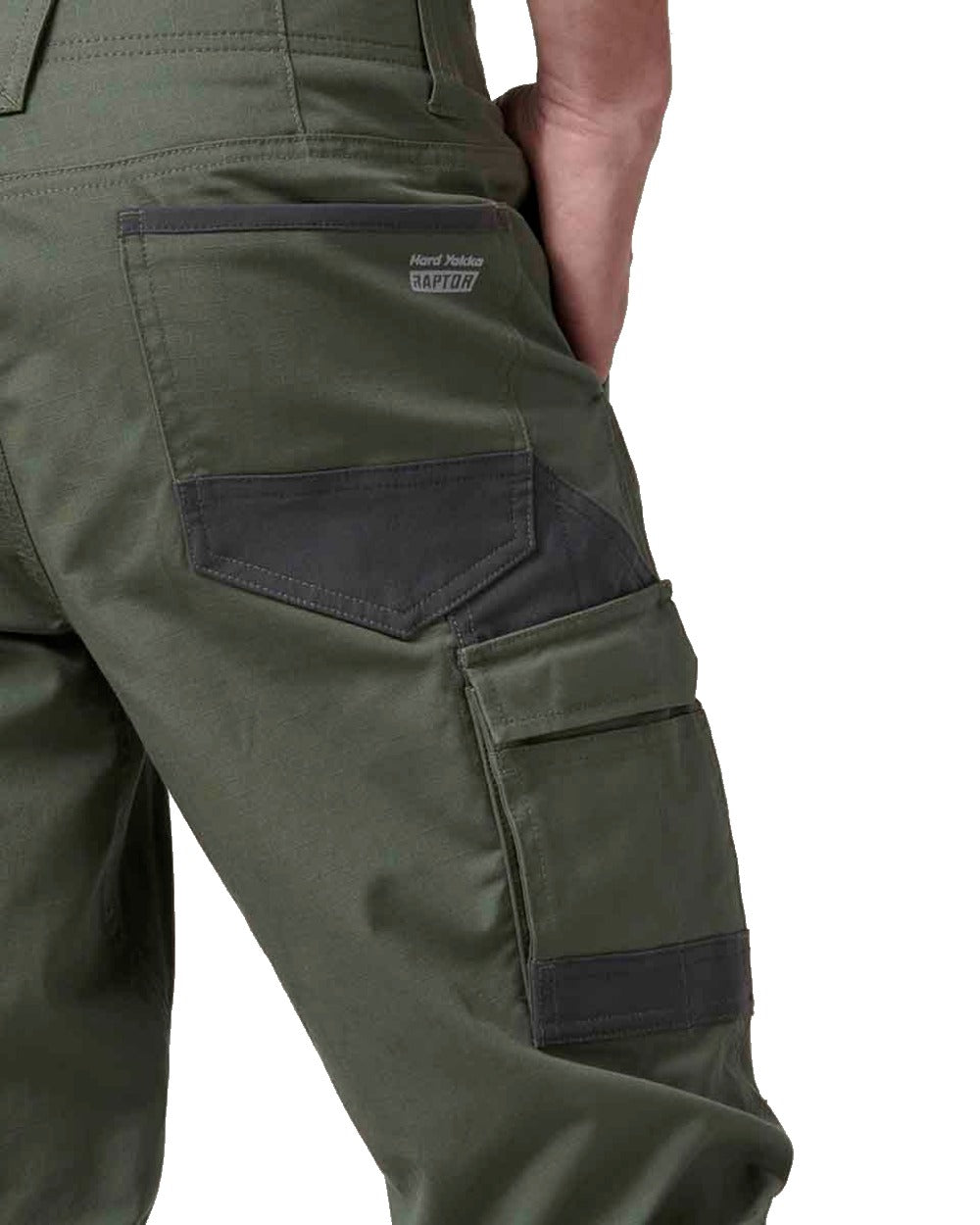 Military Green Coloured Hard Yakka Mens Raptor Active Trousers on White Background
