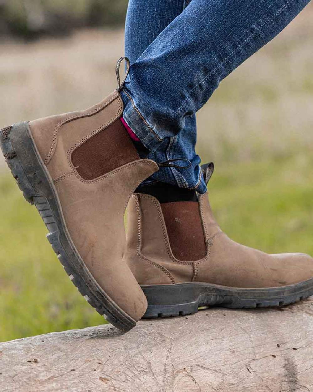 Crazyhorse Coloured Hard Yakka Outback Steel Toe Safety Dealer Boots on Outdoor Background
