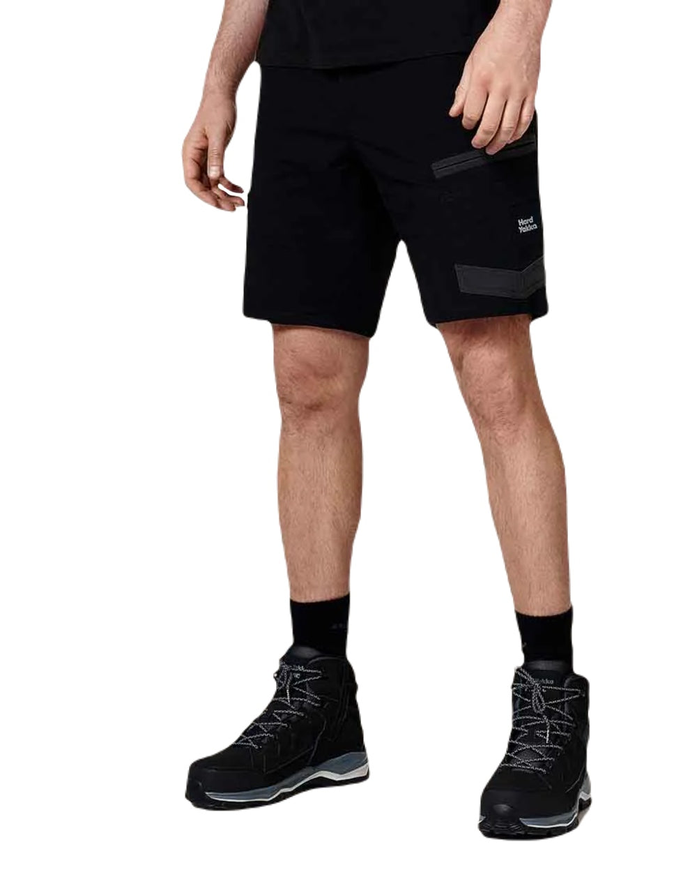 Black Coloured Hard Yakka Raptor Active Cargo Shorts on White Background
