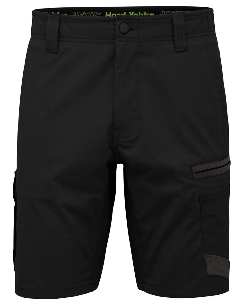 Black Coloured Hard Yakka Raptor Active Cargo Shorts on White Background
