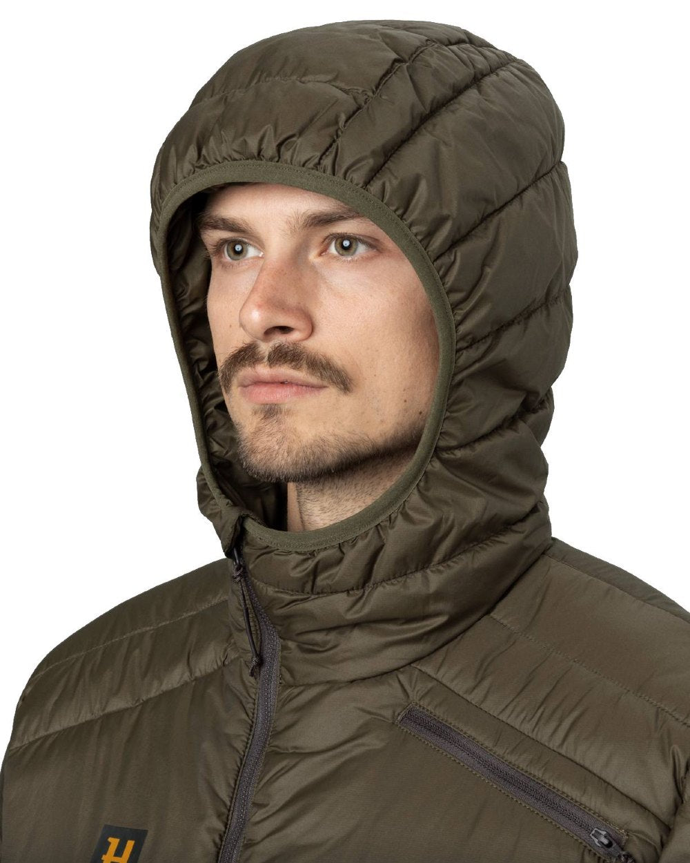 Willow Green Coloured Harkila Logmar Insulated Packable Hooded Jacket On A White Background