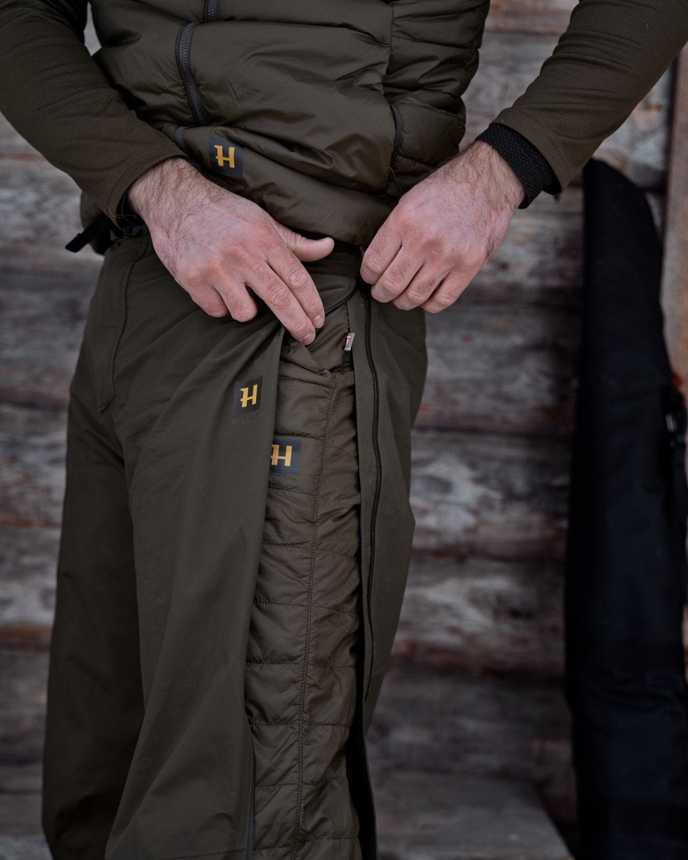 Willow Green Coloured Harkila Logmar Insulated Packable Knee Breeches on outdoor background 