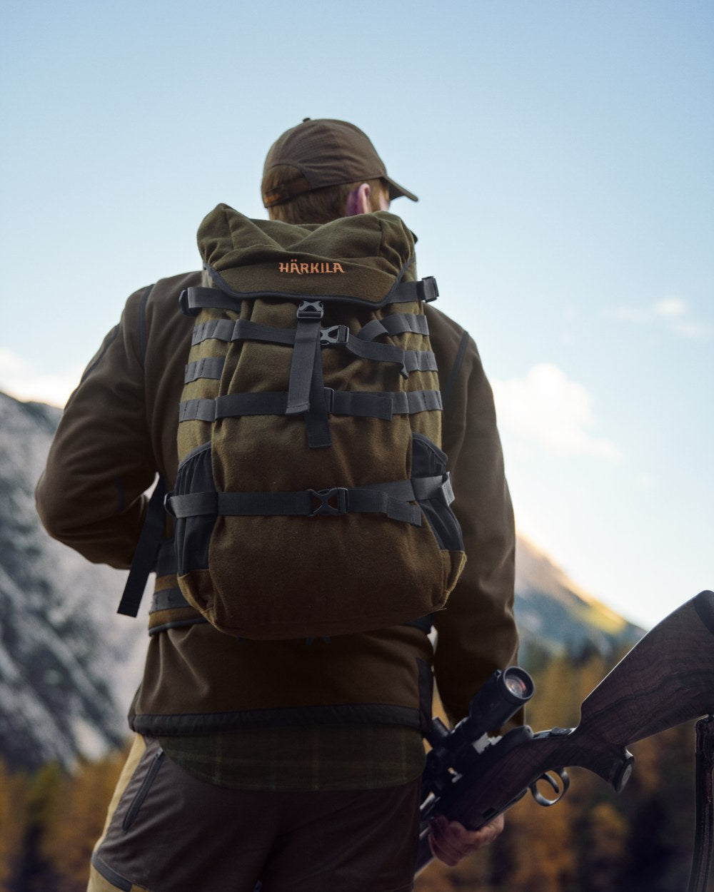 Willow Green Coloured Harkila Metso 2.0 Rucksack Backpack on mountain background 